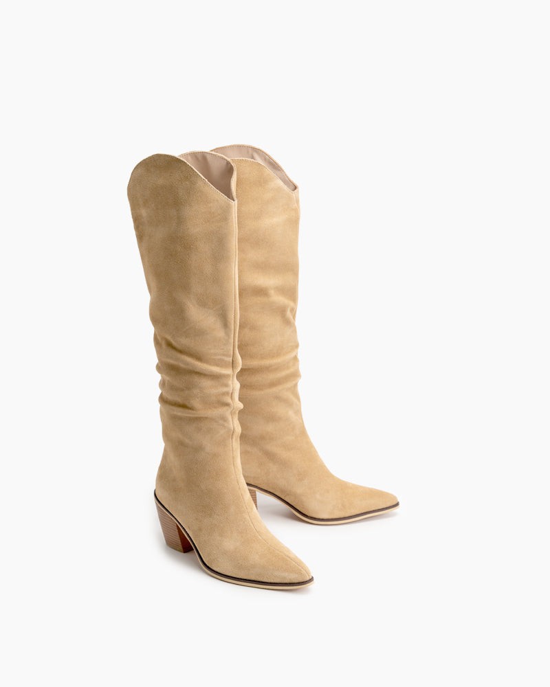 Pointed-Toe-Faux-Suede-Knee-High-Chunky-Western-Boots