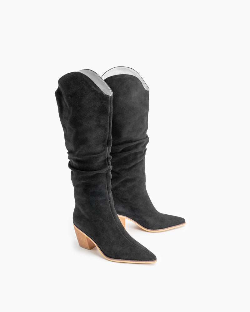 Pointed-Toe-Faux-Suede-Knee-High-Chunky-Western-Boots