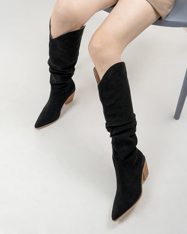 Pointed-Toe-Faux-Suede-Knee-High-Chunky-Western-Boots