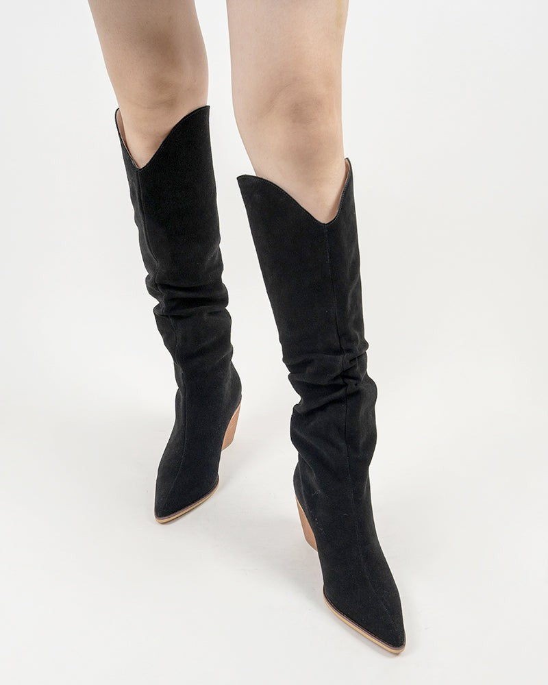 Pointed-Toe-Faux-Suede-Knee-High-Chunky-Western-Boots