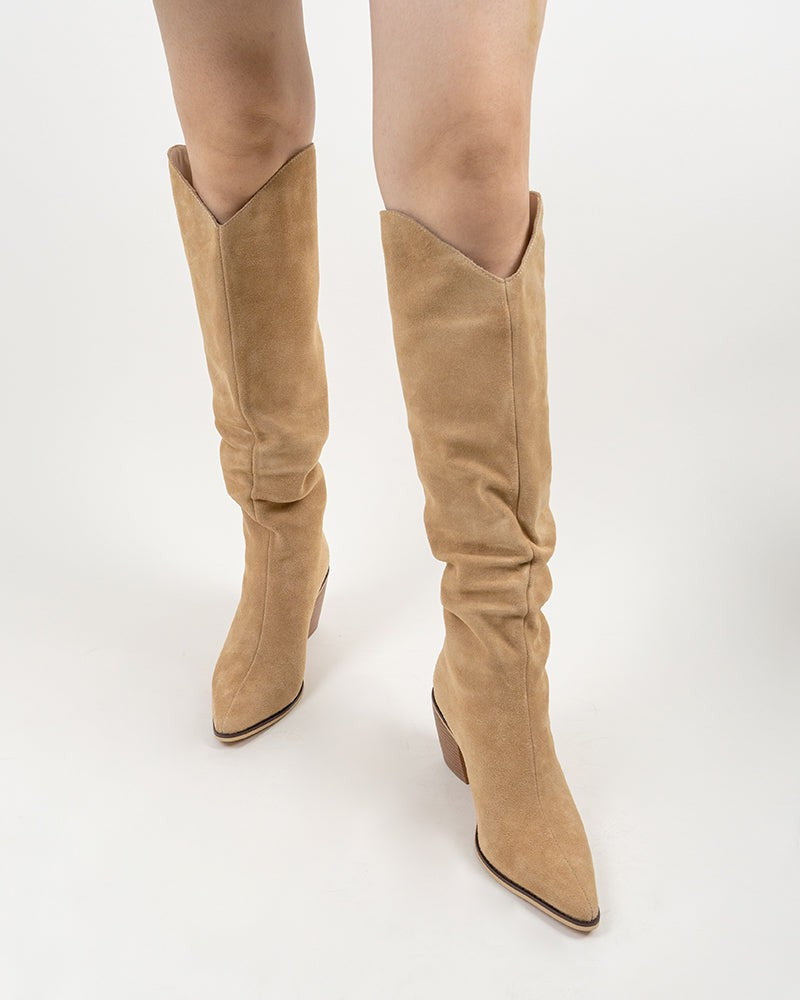 Pointed-Toe-Faux-Suede-Knee-High-Chunky-Western-Boots