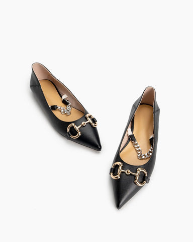 Horsebit-Classic-Metal-Buckle-Chain-Decor-Leather-Pointed-Toe-Flats-Loafers