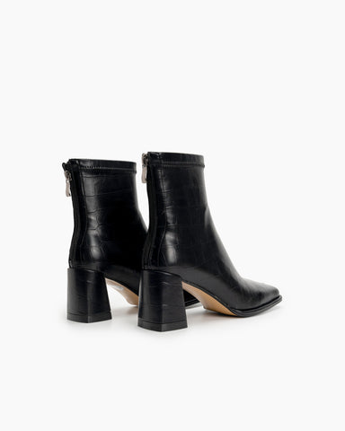 Squared Toe Flare Block Heel Soft Stretch Ankle Boots
