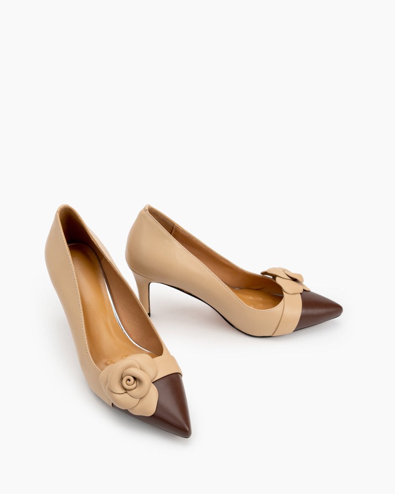 Flower-Embellished-Pointed-Toe-Leather-High-heel-Pumps
