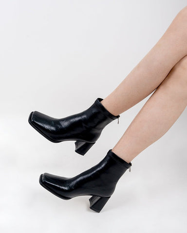 Squared Toe Flare Block Heel Soft Stretch Ankle Boots