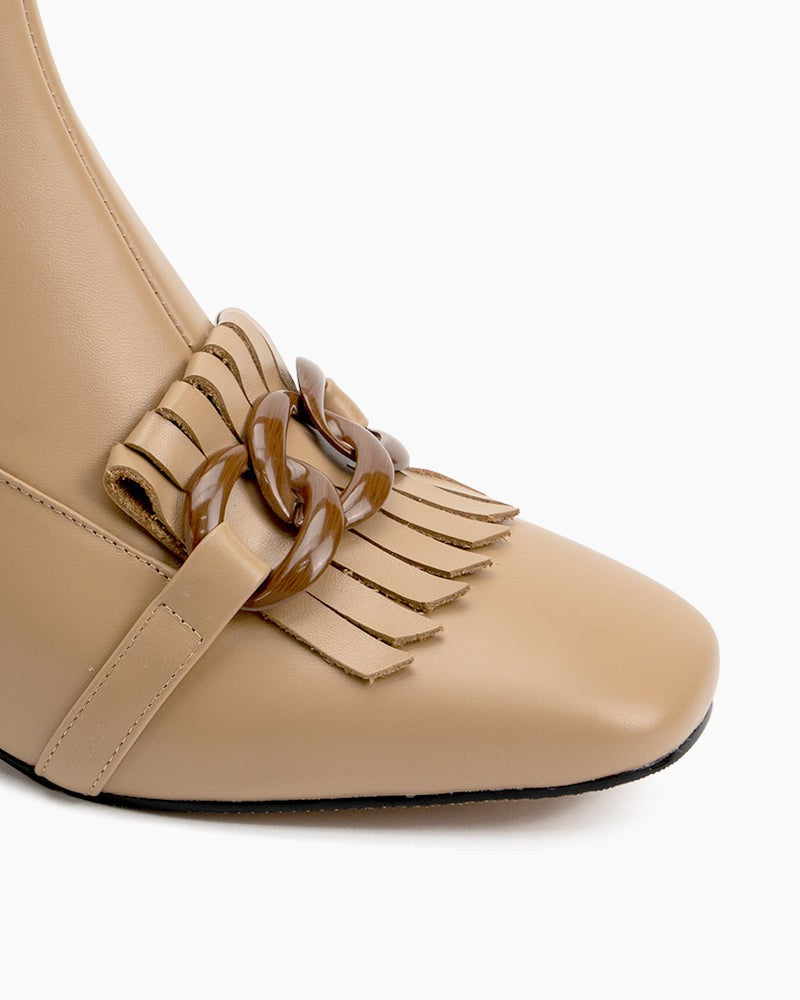 Metal-Buckle-Tassel-Block-Heel-Ankle-Boots-Leather