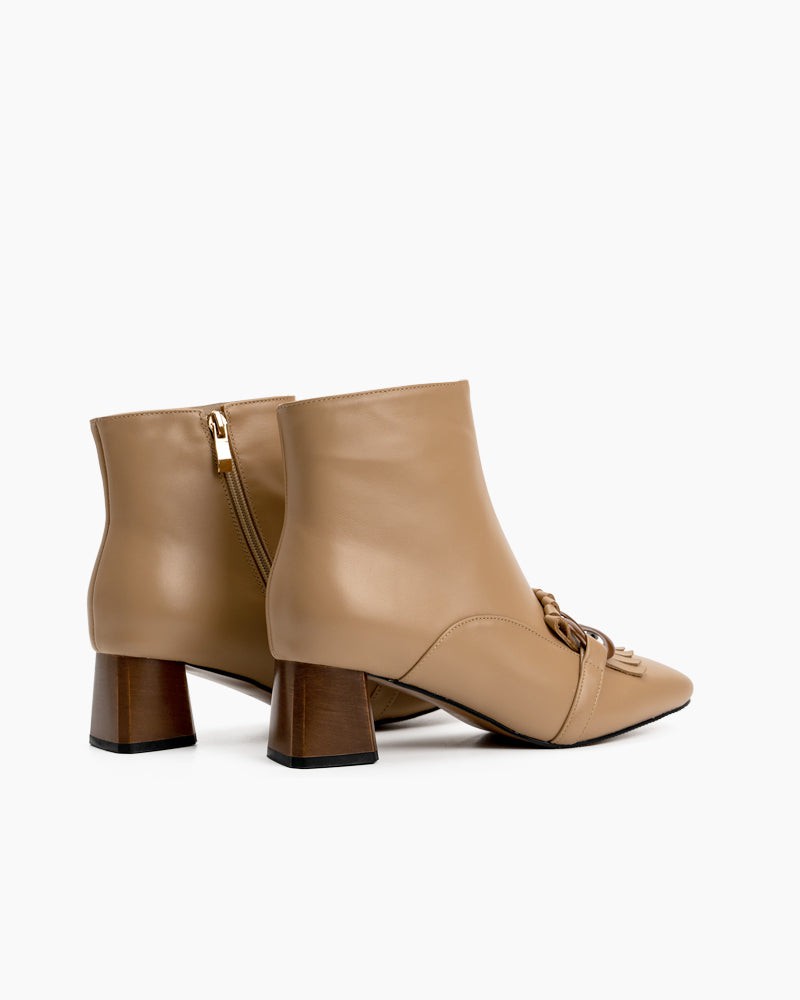 Metal-Buckle-Tassel-Block-Heel-Ankle-Boots-Leather