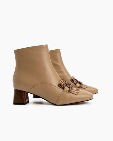 Metal-Buckle-Tassel-Block-Heel-Ankle-Boots-Leather