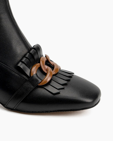 Metal-Buckle-Tassel-Block-Heel-Ankle-Boots-Leather