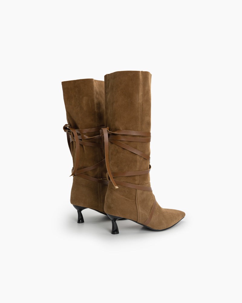 Pointed-toe-Buckle-Belt-Strappy-Mid-Knee-High-Boots