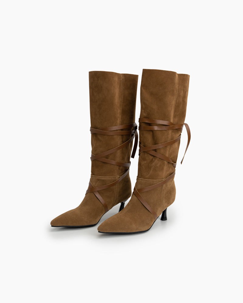 Pointed-toe-Buckle-Belt-Strappy-Mid-Knee-High-Boots