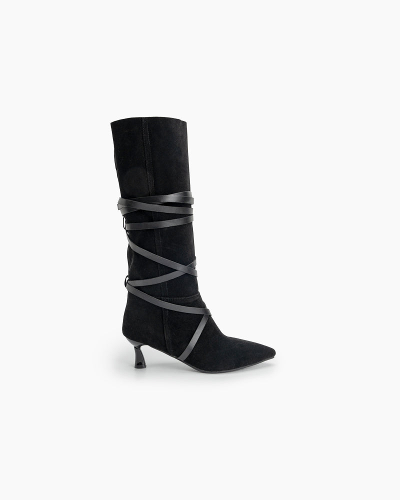 Pointed-toe-Buckle-Belt-Strappy-Mid-Knee-High-Boots