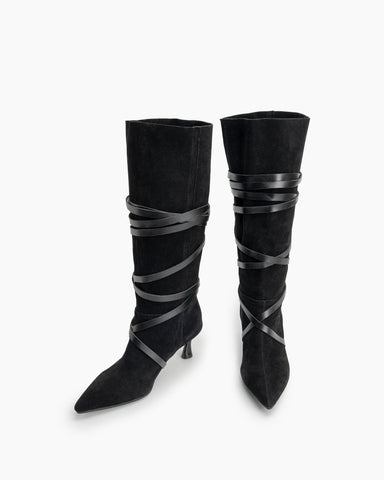 Pointed-toe-Buckle-Belt-Strappy-Mid-Knee-High-Boots