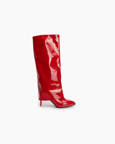 Pointed-Toe-Stiletto-Patent-Leather-Pull-On Boots-fold-over-Knee-high 
