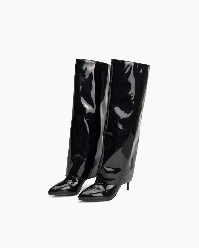 Pointed-Toe-Stiletto-Patent-Leather-Pull-On Boots-fold-over-Knee-high 