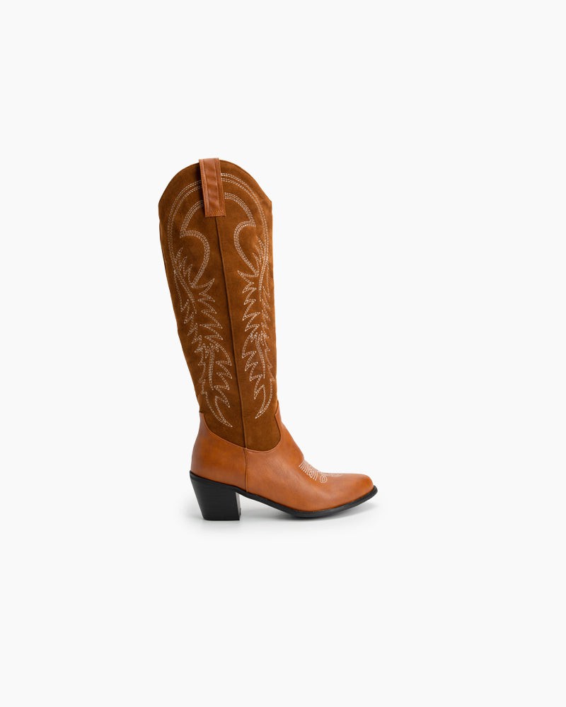 Brown-Embroidered-Chunky-Stacked-Heel-Mid-Calf-Knee-High-Western-Boots