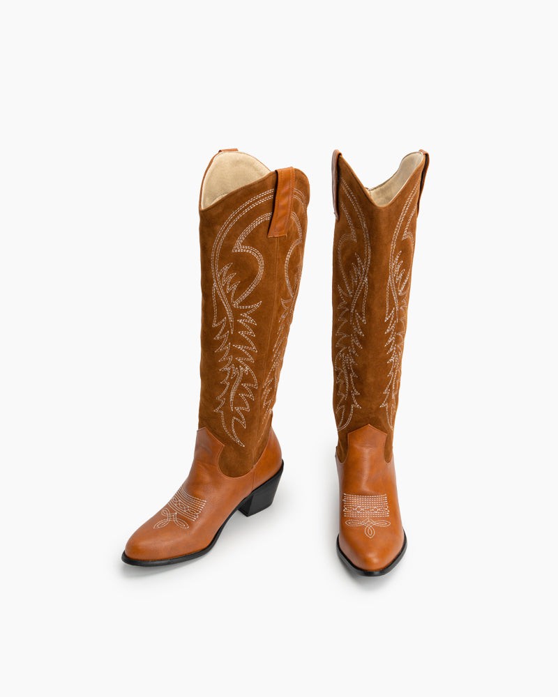 Brown-Embroidered-Chunky-Stacked-Heel-Mid-Calf-Knee-High-Western-Boots