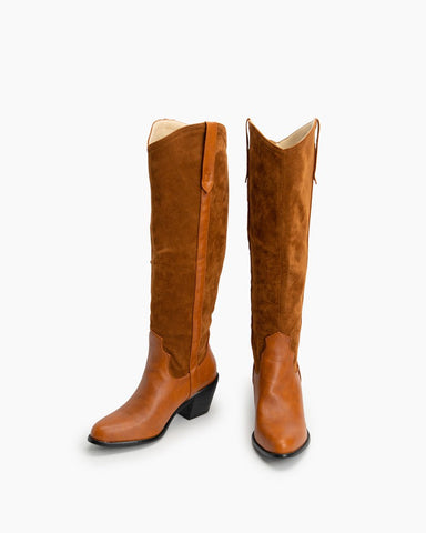 Wide Calf Pointed Toe Suede Knee High Western Boots
