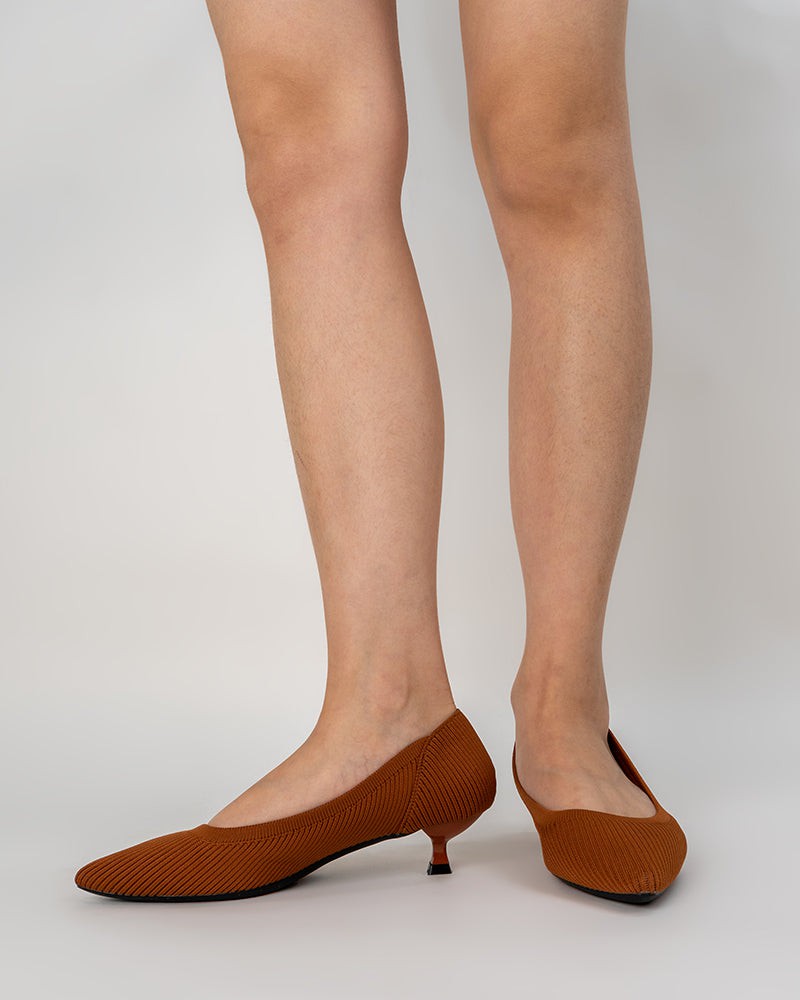 Orange-Solid-Color-Pointed-Toe-Striped-Kitten-Heels