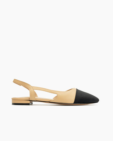 Chanel Beige/Black Fabric and Leather Cap Toe Slingback Sandals