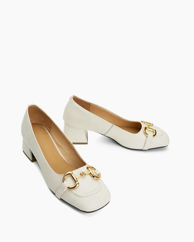 Classic Metal Buckle Mid Heel Shallow Mouth Loafers