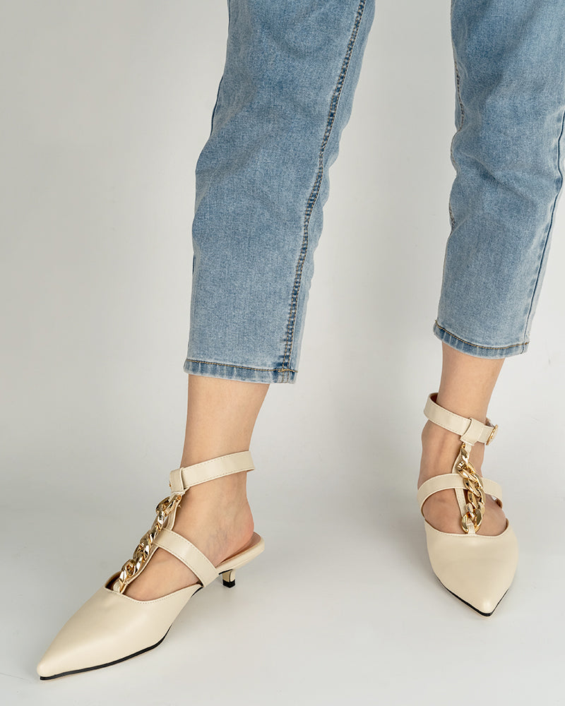 Metallic-Chain-Pointed-Toe-Solid-Kitten-Heel-Sandals