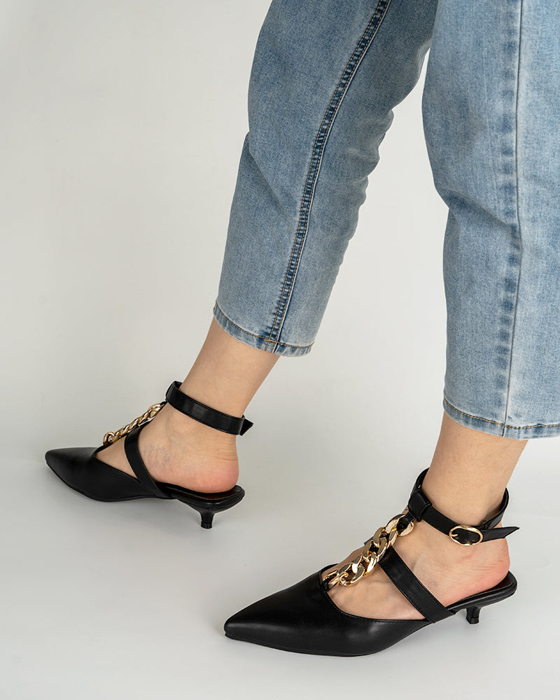 Metallic-Chain-Pointed-Toe-Solid-Kitten-Heel-Sandals