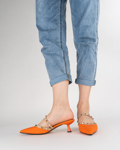 Lychee Pattern Rivet Decor Kitten Heel Mules Point Toe Sandals