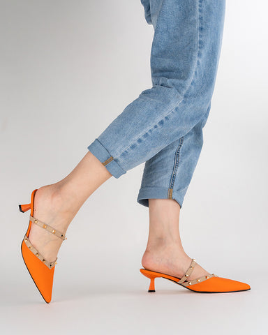 Lychee Pattern Rivet Decor Kitten Heel Mules Point Toe Sandals