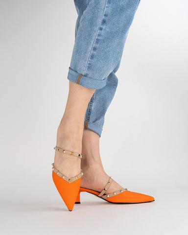 Lychee Pattern Rivet Decor Kitten Heel Mules Point Toe Sandals