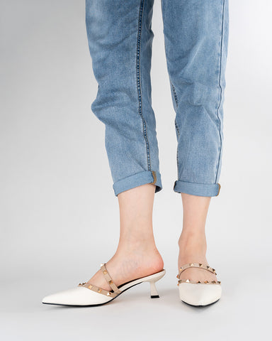 Lychee Pattern Rivet Decor Kitten Heel Mules Point Toe Sandals