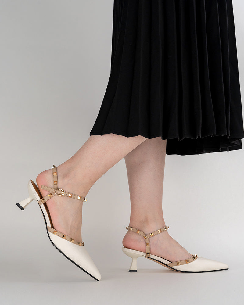 Lychee-Pattern-Rivet-Decor-Ankle-Strap-Slingback-Sandals-Pointed-Toe-Kitten-heel