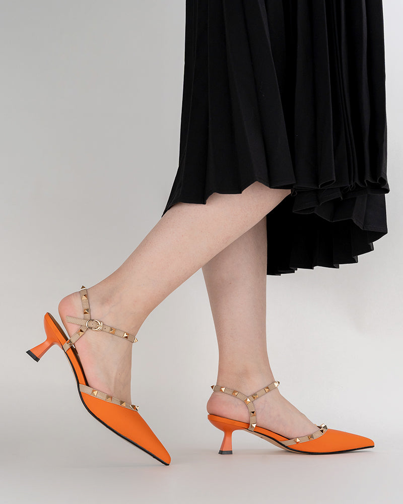 Lychee-Pattern-Rivet-Decor-Ankle-Strap-Slingback-Sandals-Pointed-Toe-Kitten-heel