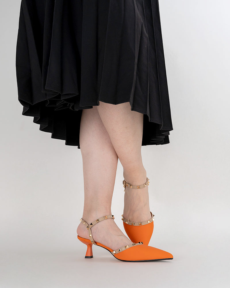Lychee-Pattern-Rivet-Decor-Ankle-Strap-Slingback-Sandals-Pointed-Toe-Kitten-heel