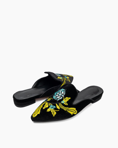 Embroidered-Floral-Flat-Pointed-Toe-Suede-Mules