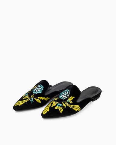 Embroidered-Floral-Flat-Pointed-Toe-Suede-Mules