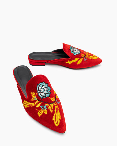 Embroidered-Floral-Flat-Pointed-Toe-Suede-Mules