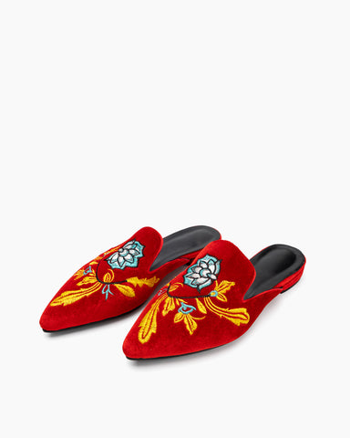 Embroidered-Floral-Flat-Pointed-Toe-Suede-Mules