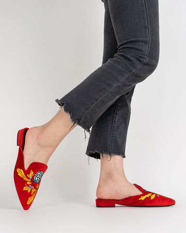 Embroidered-Floral-Flat-Pointed-Toe-Suede-Mules
