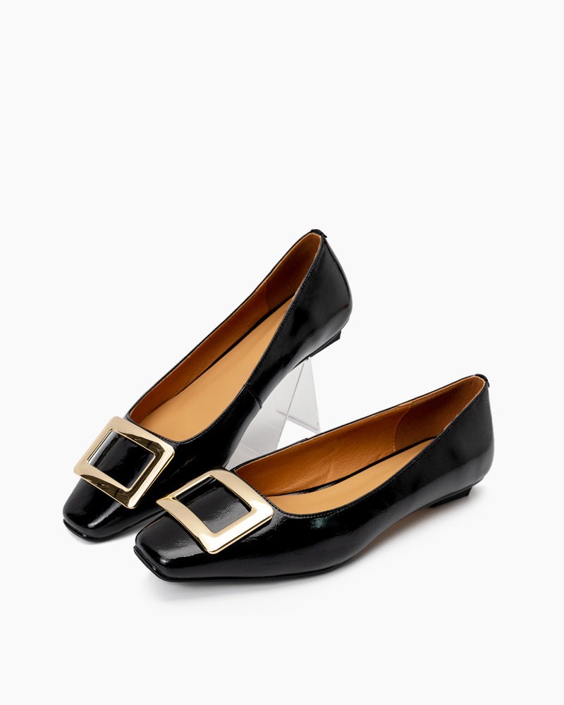 Square Toe Metal Buckle Patent Flat Loafers