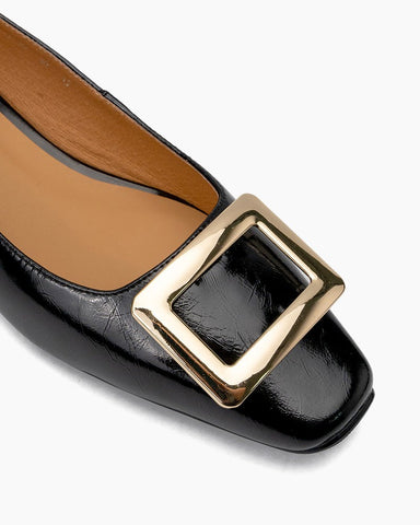 Square Toe Metal Buckle Patent Flat Loafers