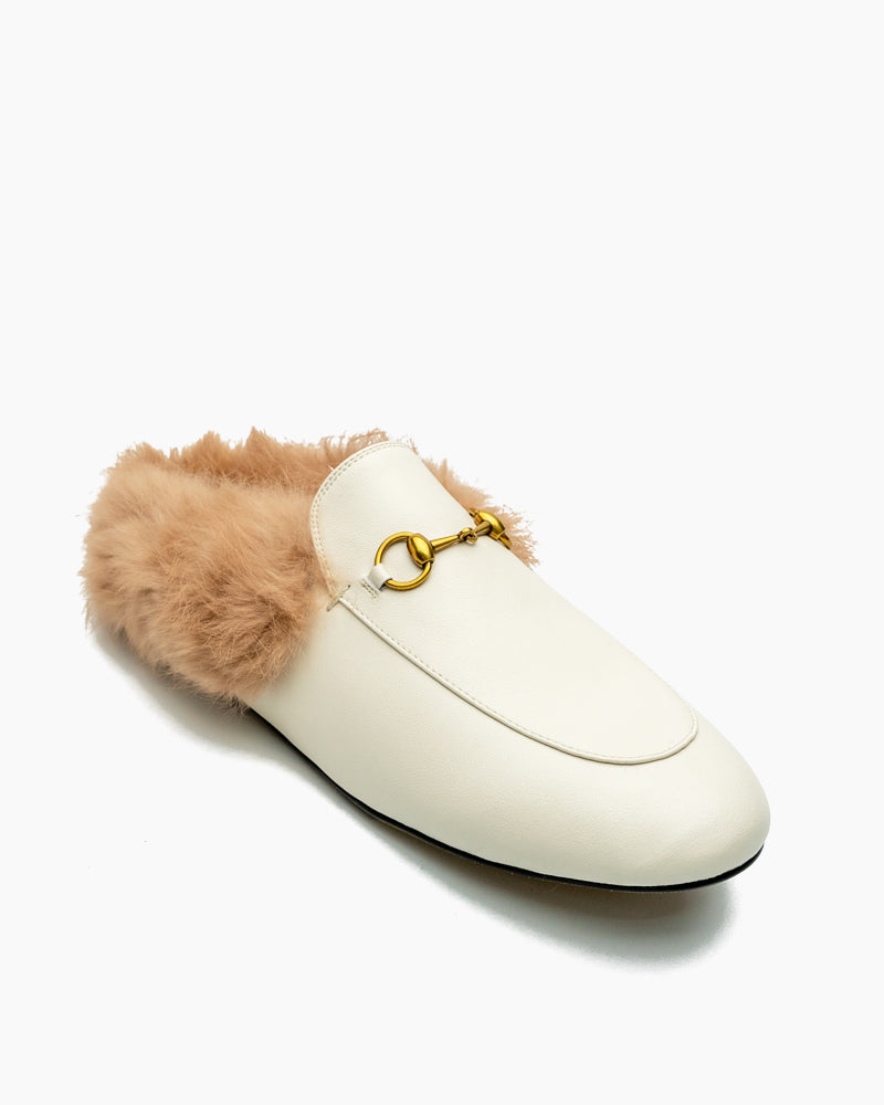 Horsebit-Backless-Fur-Flat-Slip-on-Slippers-Leather-Mules