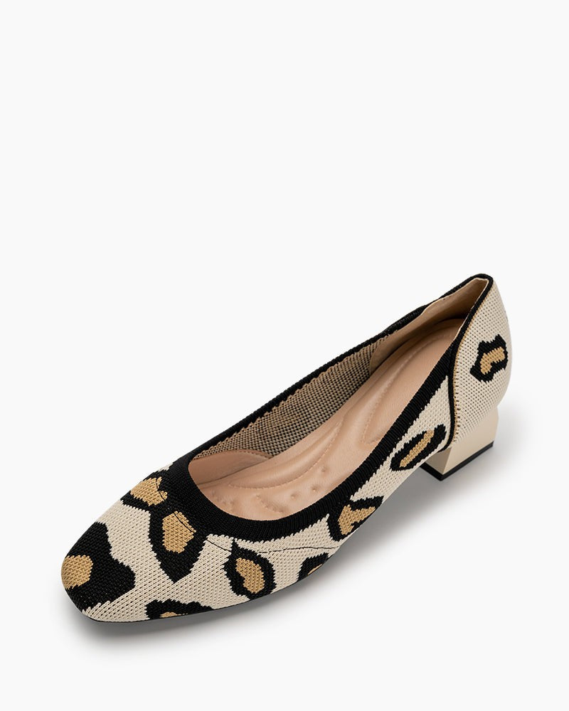 Leopard-Pattern-Square-Toe-Chunky-Heels-Heels-Knit-loafers-Ballet