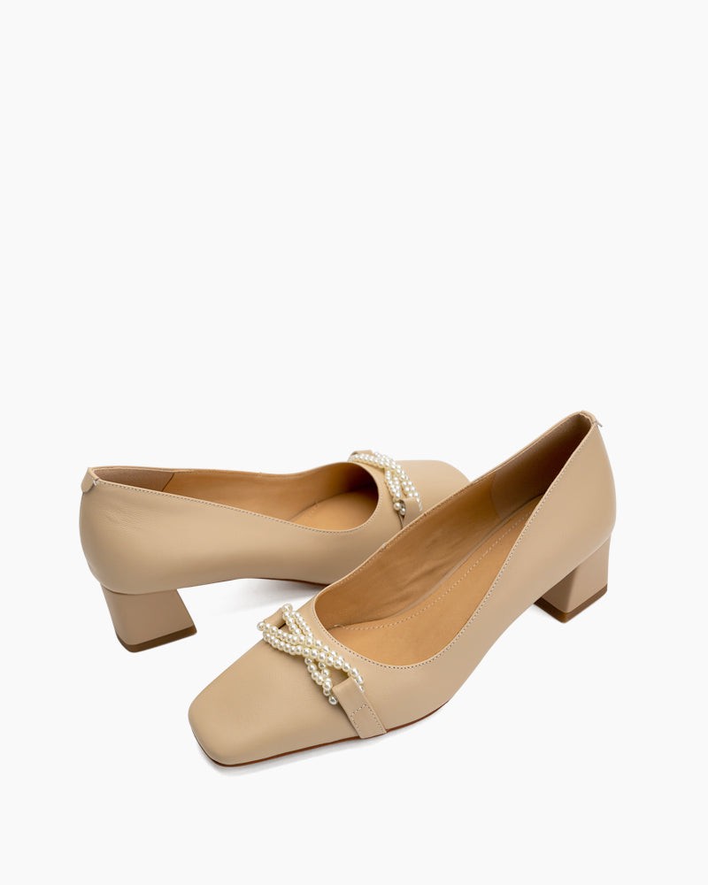 Pearl-Bow-Slip-On-Block-Low-Heel-Pumps-Wedge 