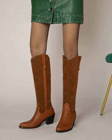 Wide Calf Pointed Toe Suede Knee High Western Boots