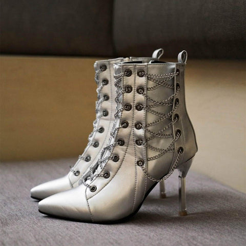 Metallic-Chain-Strap-Decor-Point-toe-High-Heel-Boots