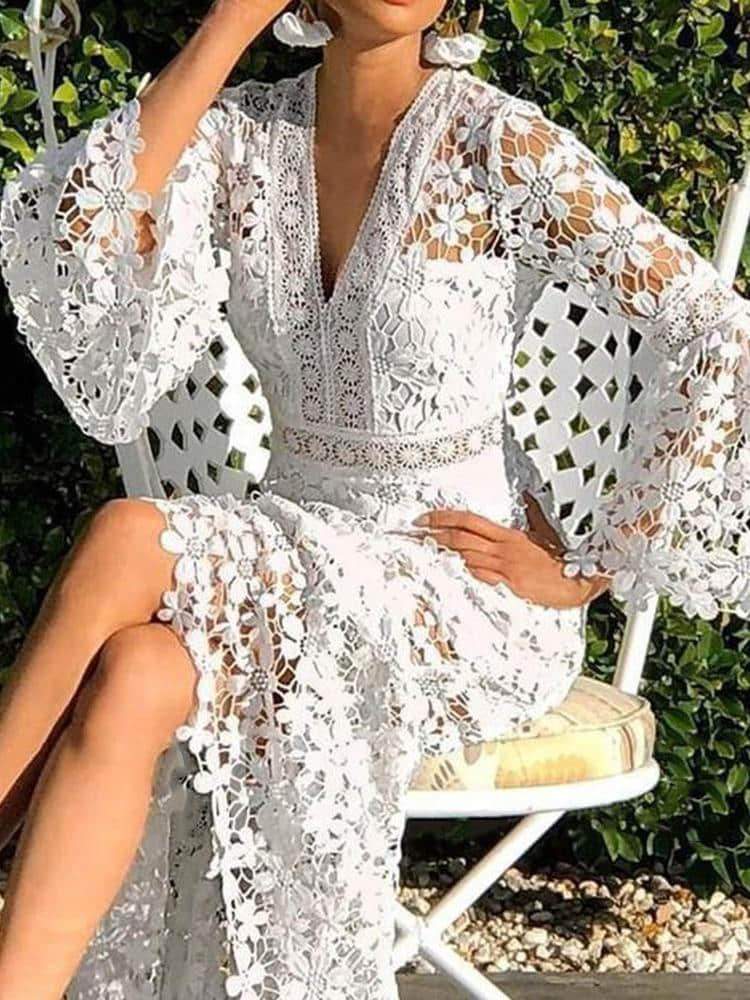 Long-Sleeve-Hollow-Floor-Length-Lace-V-Neck-Pullover-Dress