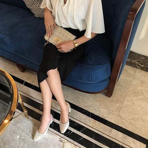 LarosaStyle loafers Woven Colorblock Patchwork Slingback Thick Heel Sandals