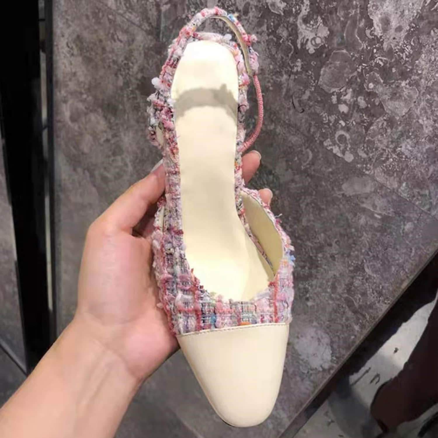 LarosaStyle loafers Woven Colorblock Patchwork Slingback Thick Heel Sandals Pink / US 5